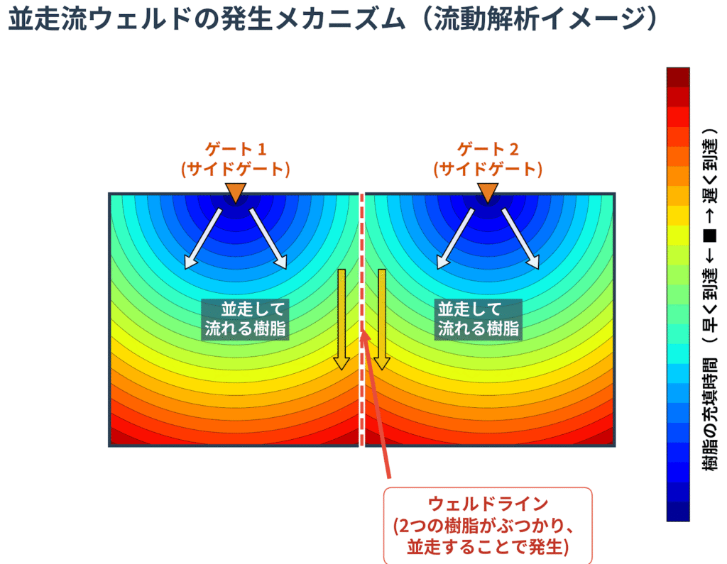 2点ゲートの射出成形における並走流ウェルドラインの発生メカニズム図解